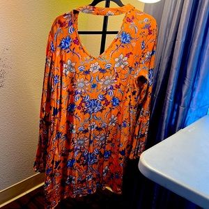 Orange floral , open neck collar shirt dress
